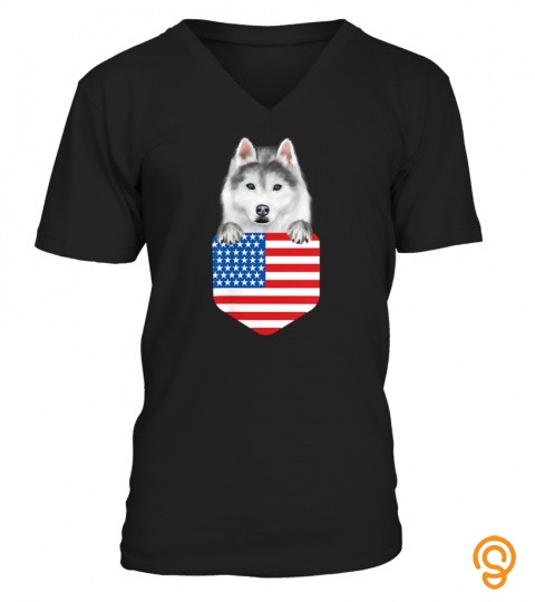 America Flag Siberian Husky Dog In Pocket T Shirt
