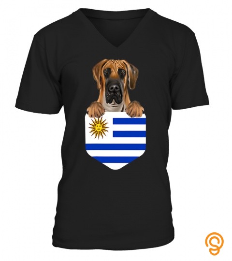 Uruguay Flag Brown Great Dane Dog In Pocket T Shirt