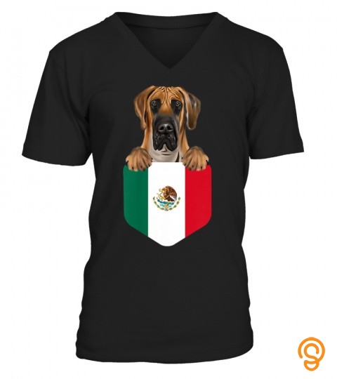 Mexico Flag Brown Great Dane Dog In Pocket T Shirt
