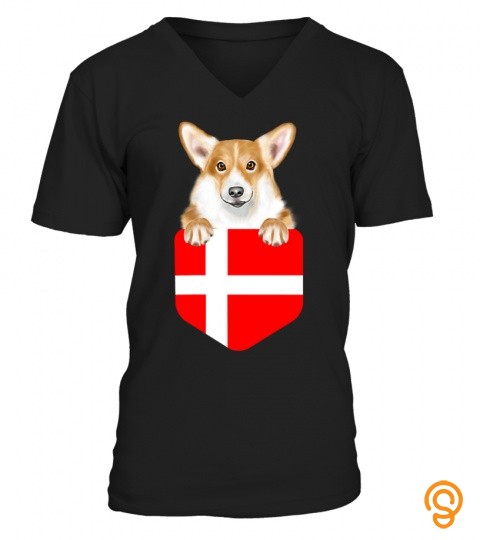 Denmark Flag Pembroke Welsh Corgi Dog In Pocket T Shirt