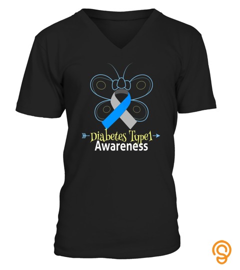 BUTTERFLY BLUE RIBBON DIABETES TYPE 1 AWARENESS TSHIRT   HOODIE   MUG (FULL SIZE AND COLOR)