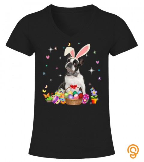 Cute Boston Terrier Easter Day Bunny Eggs Easter Womens T Shirt