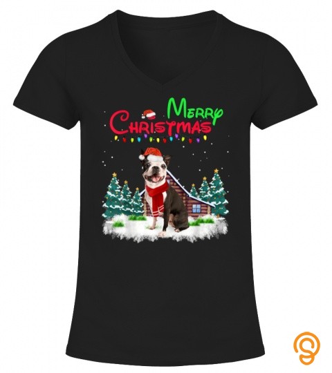 Boston Terrier Dog Santa Hat Christmas Lights Merry T Shirt