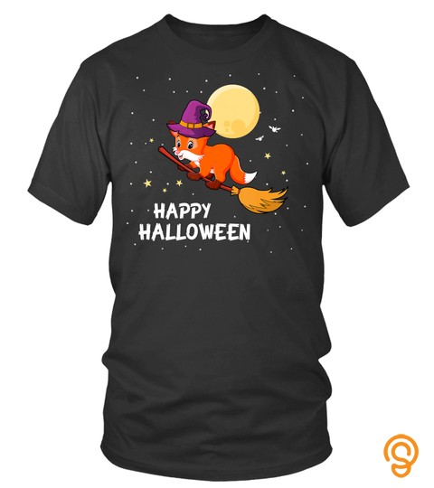 Witch Fox Riding Flying Broomstick Happy Halloween T Shirt