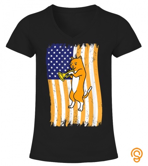 American Flag Cat Playing Trumpet T Shirt