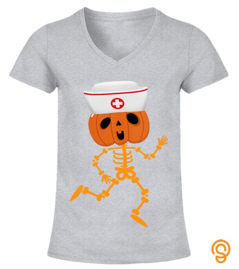 Womens Funny Skeleton Nurse Pumpkin Halloween Nurse V Neck T Shirt