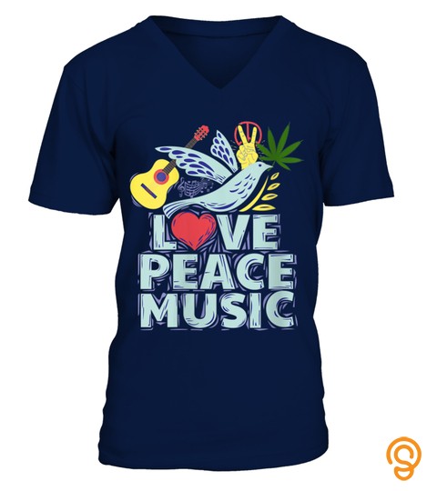 Womens Peace Love Music Shirt Hippie Hipster Festival Heart Guitar V Neck T Shirt