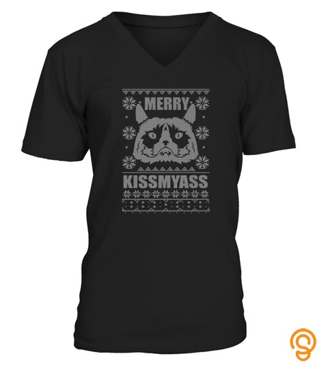 Grumpy Kitty Cat Merry Kiss My Ass Funny Christmas Tshirt   Hoodie   Mug (Full Size And Color)