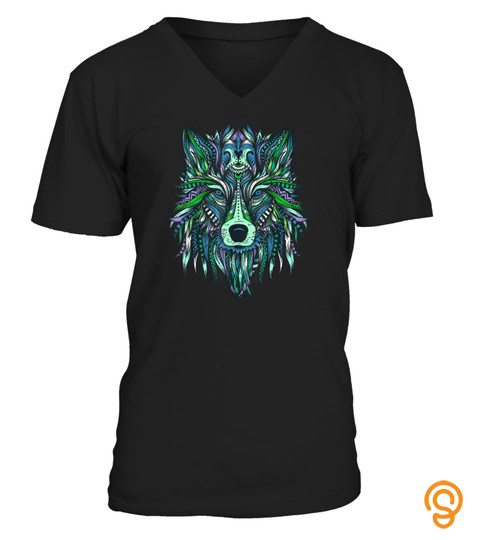 Colorful Wolf Head Tee Trendy Tribal Art T Shirt
