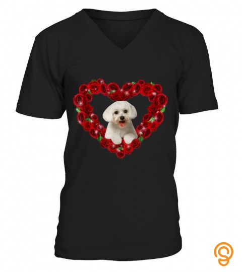 Valentines Day Maltese Heart Roses Gift Dog Lover T Shirt