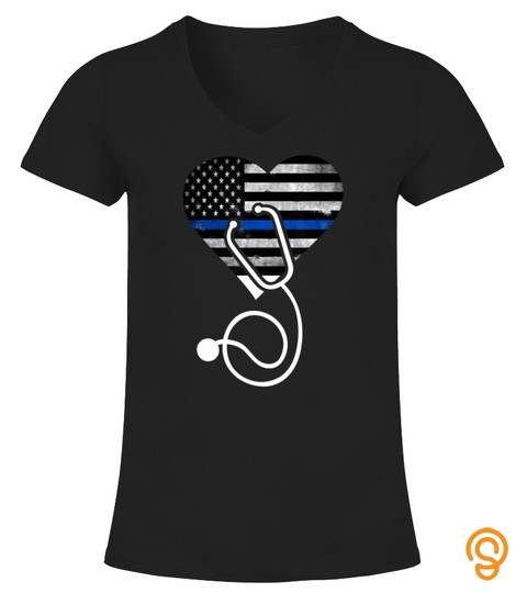 American Flag Heart with Police Thin Blue Line Nurse RN LVN T Shirt