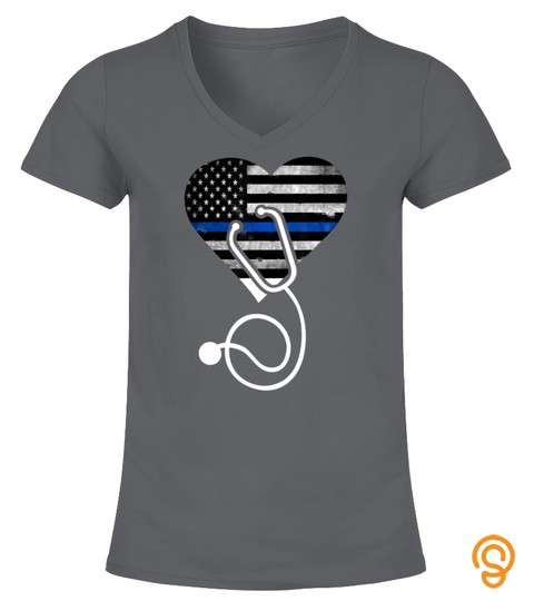 American Flag Heart With Police Thin Blue Line Nurse Rn Lvn T Shirt