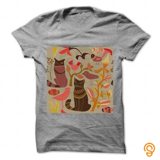 Summer Cartoon style decorative birds cats T Shirts Sale
