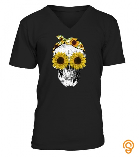 Womens Skull Skeleton Sunflower with Bandana Mother Day Gift Long Sleeve T Shirt